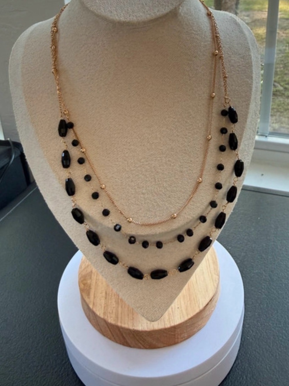 Elegant Lovestylize Layered Gold Necklace with Black Beads